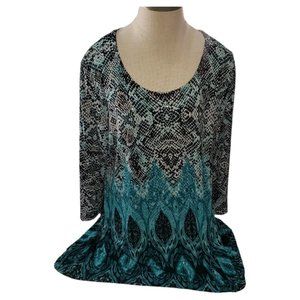 CT209 JM Collection Blue & Black Animal Print Long Sleeve Blouse L